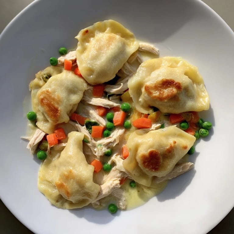 Fluffy, baked dumplings sit atop a creamy Chicken and Dumplings Casserole, perfect for a cozy dinner.
