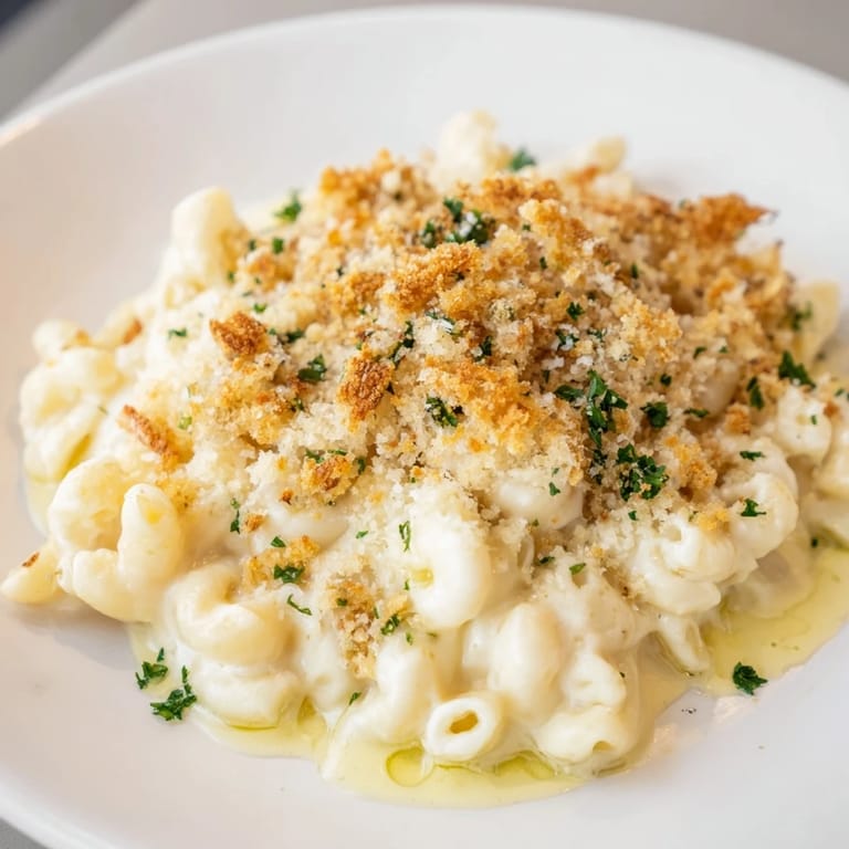 Creamy Truffle Macaroni & Cheese; a close-up shows cheesy sauce and perfectly cooked macaroni.