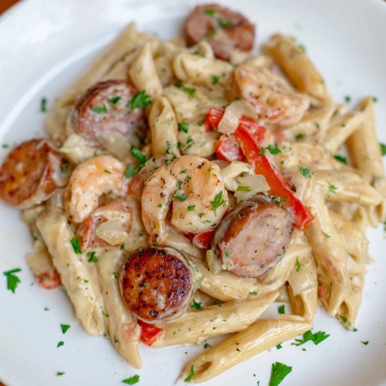 A vibrant photo of a rich Cajun Sausage & Shrimp Alfredo Pasta Skillet, garnished with fresh parsley.