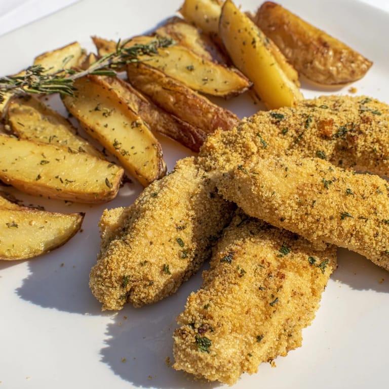 A close-up of delicious herbed chicken tenders with potato wedges, ready to serve with lemon.