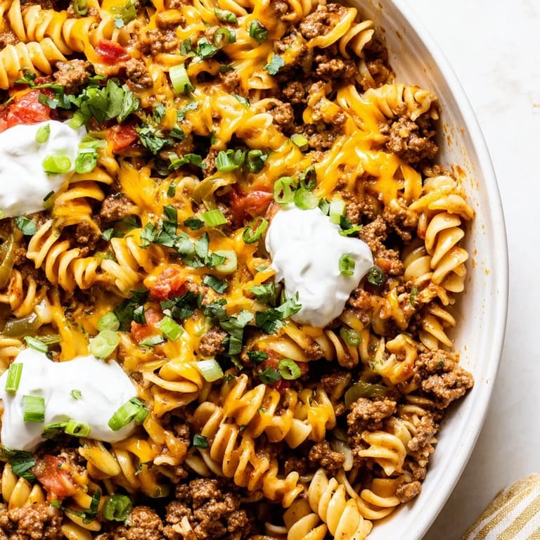 A one-pan delight: This Cheesy Taco Pasta skillet bubbles with melted cheese and savory taco flavors.