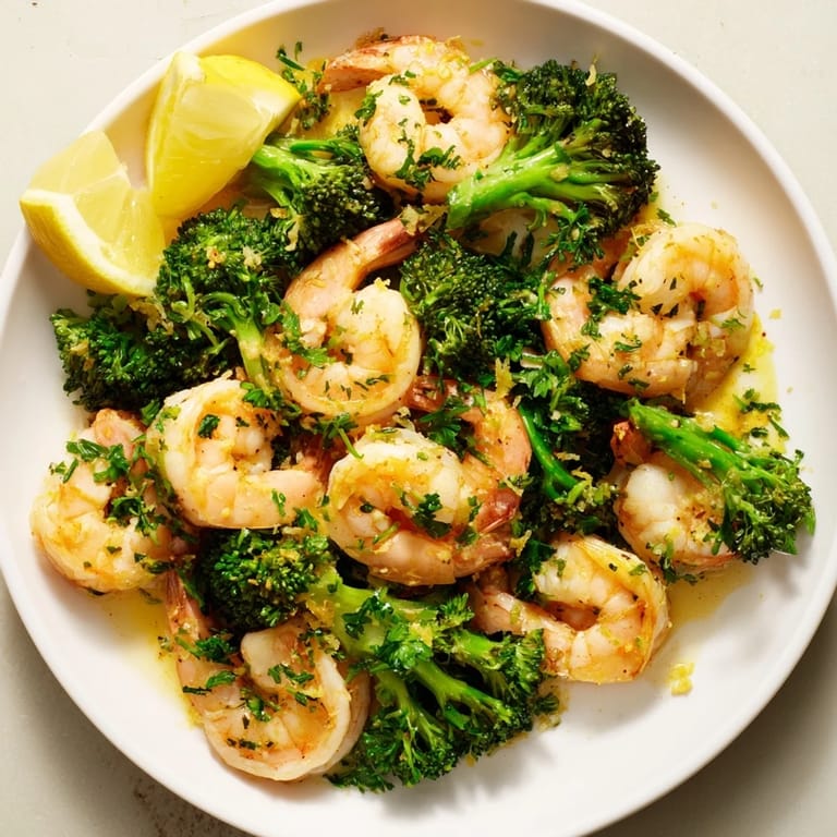 A close-up of delicious Lemon Butter Shrimp & Broccoli bathed in a bright, glossy lemon-butter sauce.