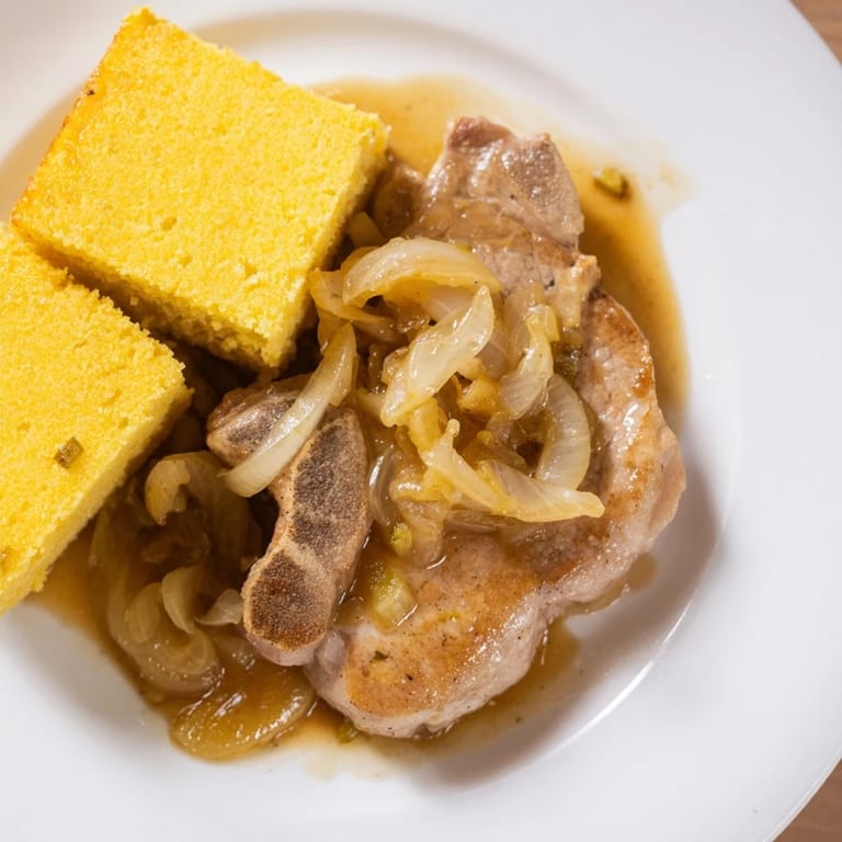 A close-up of a plate with succulent smothered pork chops and fluffy cornbread, a Southern family favorite.