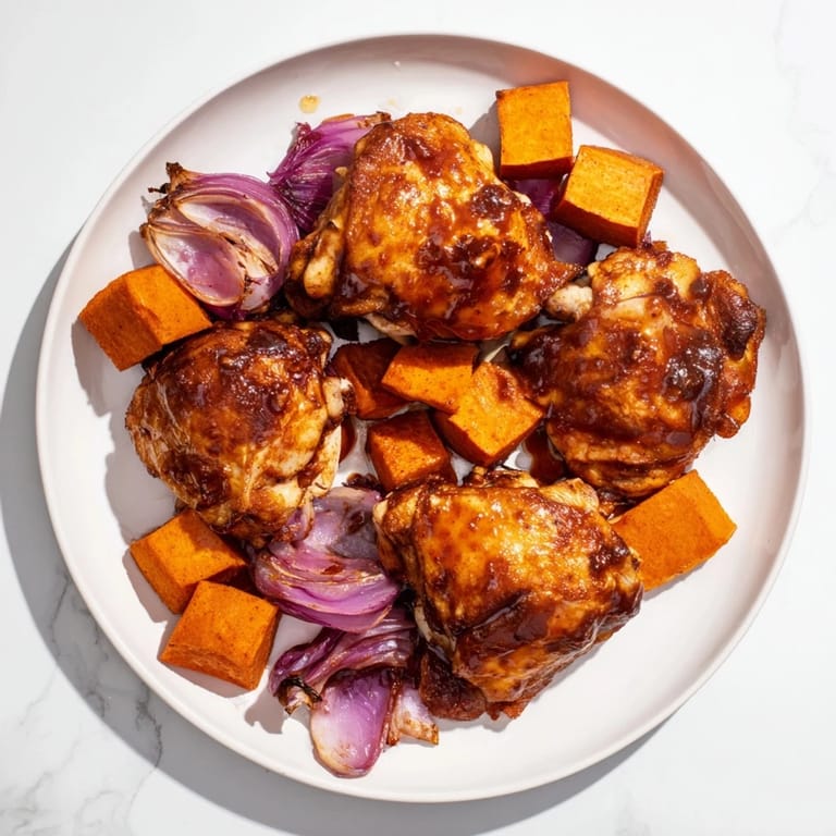 A pan of Maple Glazed Chicken & Sweet Potato Bake, showcasing juicy chicken and roasted sweet potatoes.