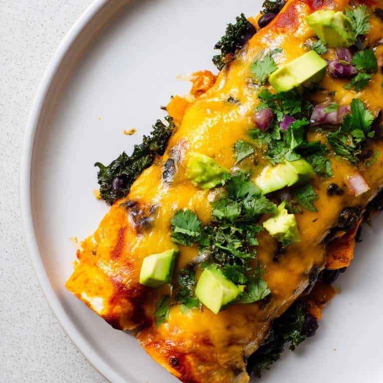 These easy One-Pan Sweet Potato Enchiladas offer a melty cheese topping over hearty vegetables.