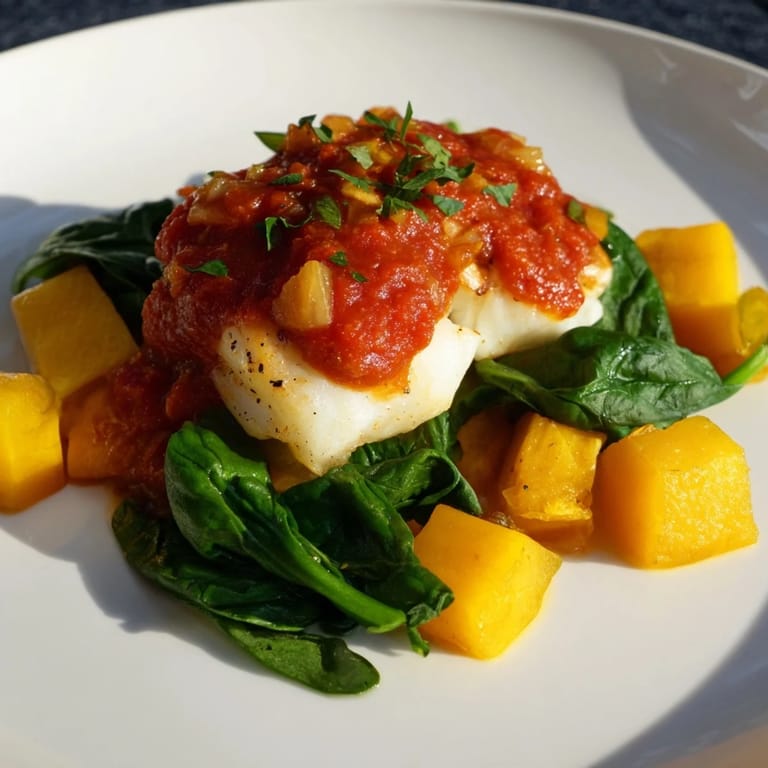 A close-up of flaky Baked Cod with butternut squash, showcasing the vibrant tomato sauce and fresh herbs.