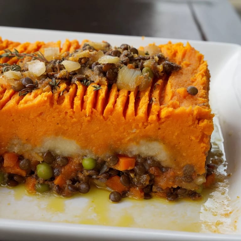 Hearty lentil and vegetable filling topped with creamy sweet potato mash, a delicious veggie shepherds pie.