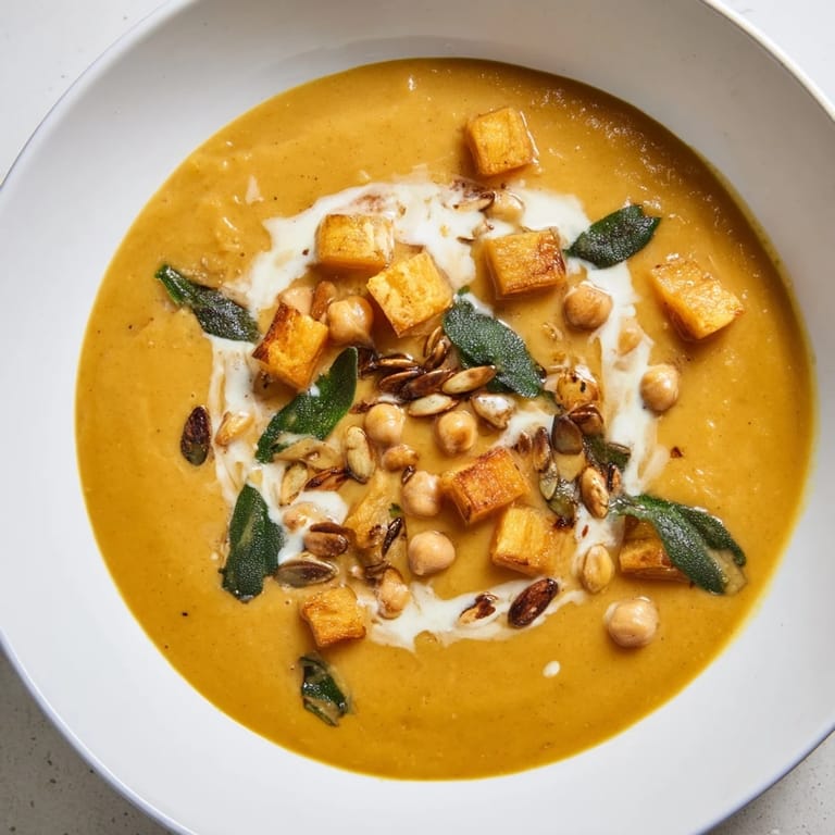 Creamy, vibrant Chickpea, Pumpkin & Sage Soup, a perfect vegan and gluten-free dinner entree.