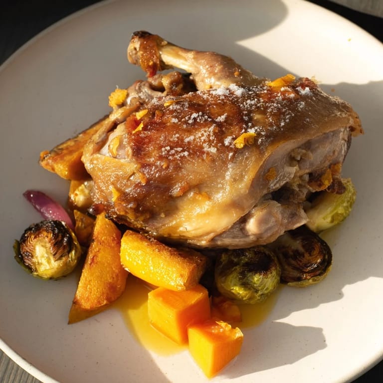 Golden-brown sheet-pan roasted turkey breast beside tender winter vegetables and tart cranberry sauce.