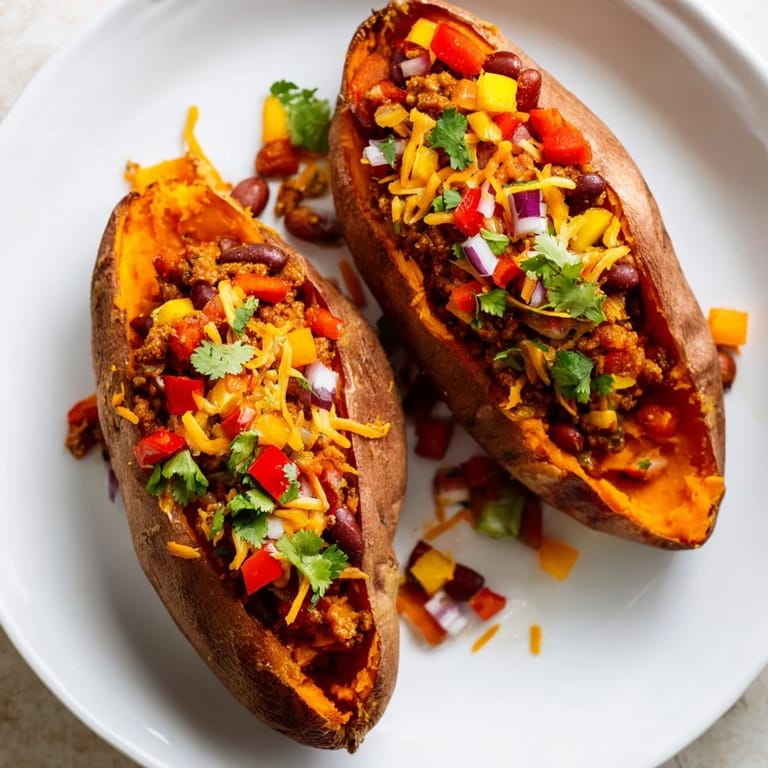 A close-up of a loaded baked sweet potato stuffed with chili, showcasing hearty textures.