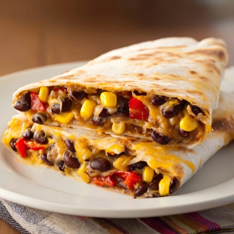 A folded Tortilla Wrap Hack bursting with melty cheese, beans, and fresh veggies, served hot from the oven.