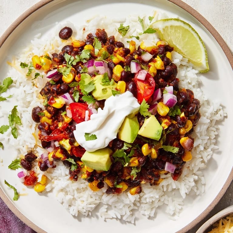 Warm Rice, Bean, and Corn Burrito Bowls with Tex-Mex spices, cilantro, and creamy avocado, ready to enjoy.