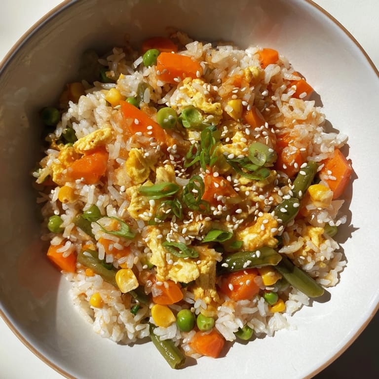 Enjoy a flavorful plate of quick and easy frozen veggie fried rice with soy sauce and fluffy eggs.