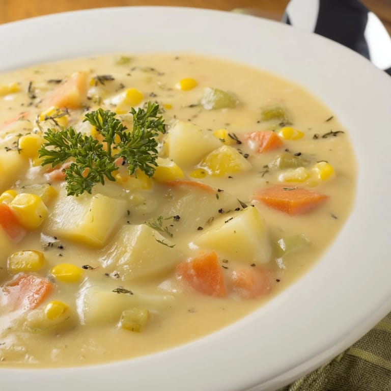 A close-up shot of a creamy, comforting Corn & Potato Chowder garnished with fresh herbs.