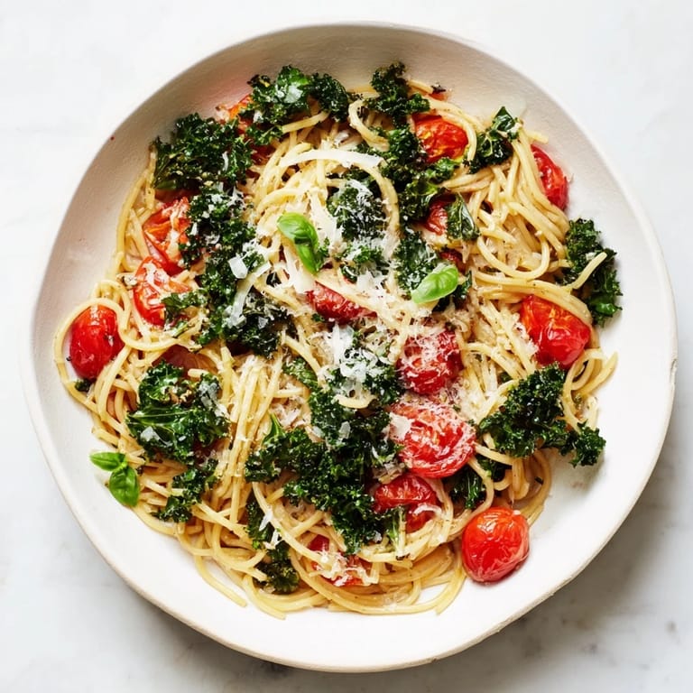 A close-up of a rustic bowl of one-pot spaghetti, garnished with fresh basil and parmesan cheese.
