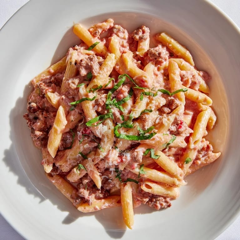 This Creamy Tomato and Sausage Pasta shows a delicious, creamy tomato sauce coating the pasta and sausage.