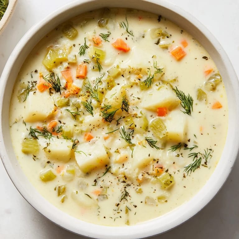 Enjoy a spoonful of flavorful creamy dill pickle soup, bursting with pickle and dill.
