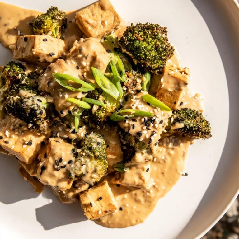 A steaming casserole of Cheesy Baked Tofu and Broccoli, smelling of garlic and roasted vegetables, ready to serve.