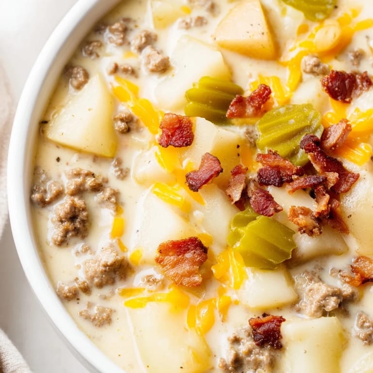 A steaming bowl of Crockpot Cheeseburger Soup topped with crunchy bacon and melted cheddar cheese.