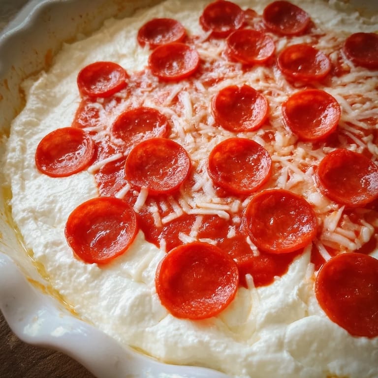 A close-up shot of a cheesy baked pizza dip, inviting you to enjoy its delicious flavors.