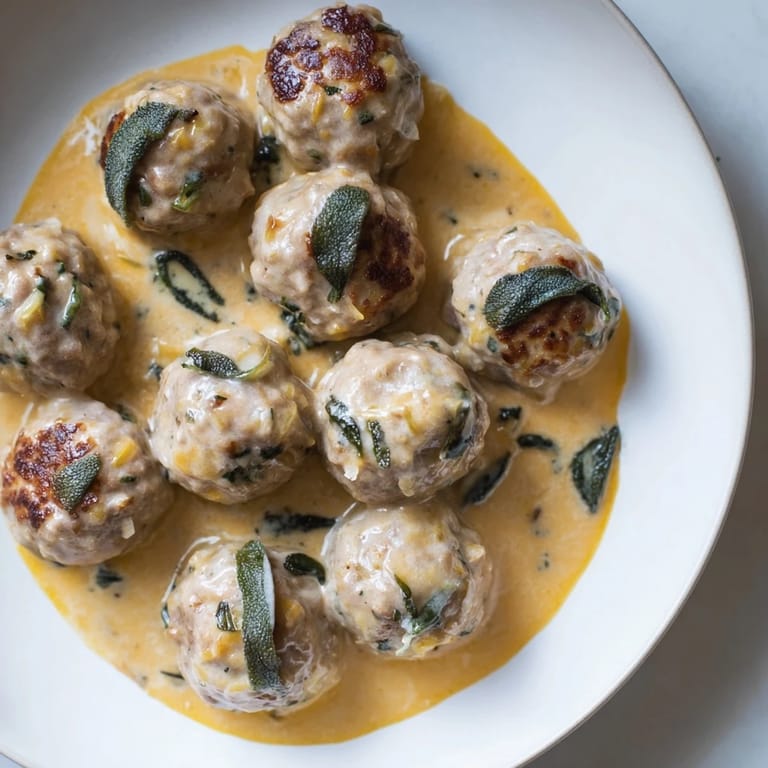 A close-up of delicious turkey meatballs with pumpkin sage sauce, perfect served with pasta.