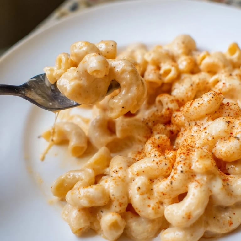 Close-up of creamy Easy Tinis Mac & Cheese: cheesy pasta coated in a rich, velvety sauce.
