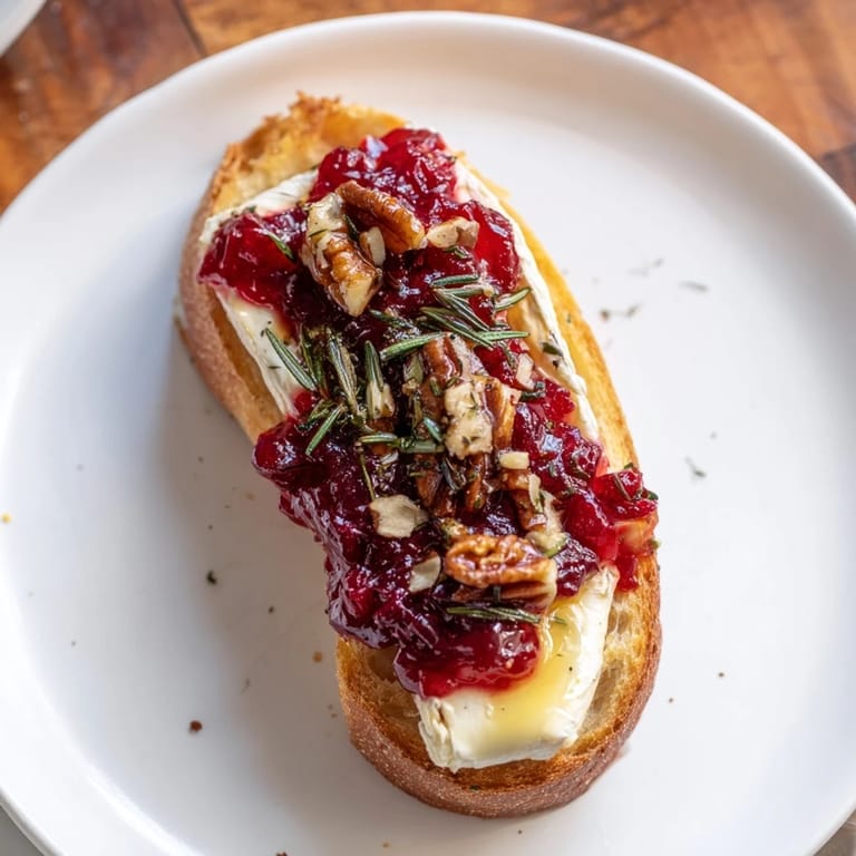 Close-up of Quick Cranberry Brie Crostini: creamy Brie with tart cranberry, perfect for holiday appetizers.