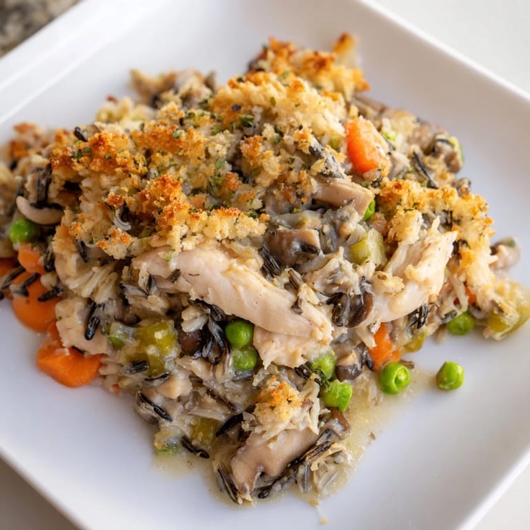 A creamy, comforting close-up showcases the Chicken and Wild Rice Bake, topped with golden breadcrumbs.
