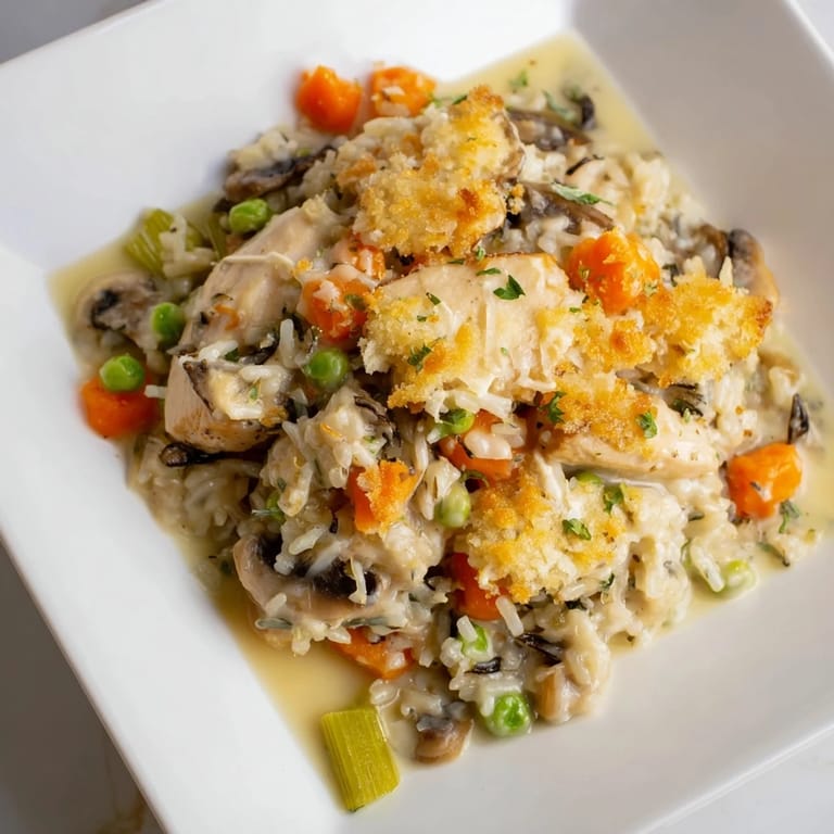Warm, appetizing steam rises from the hearty Chicken and Wild Rice Bake, perfect for a family meal.