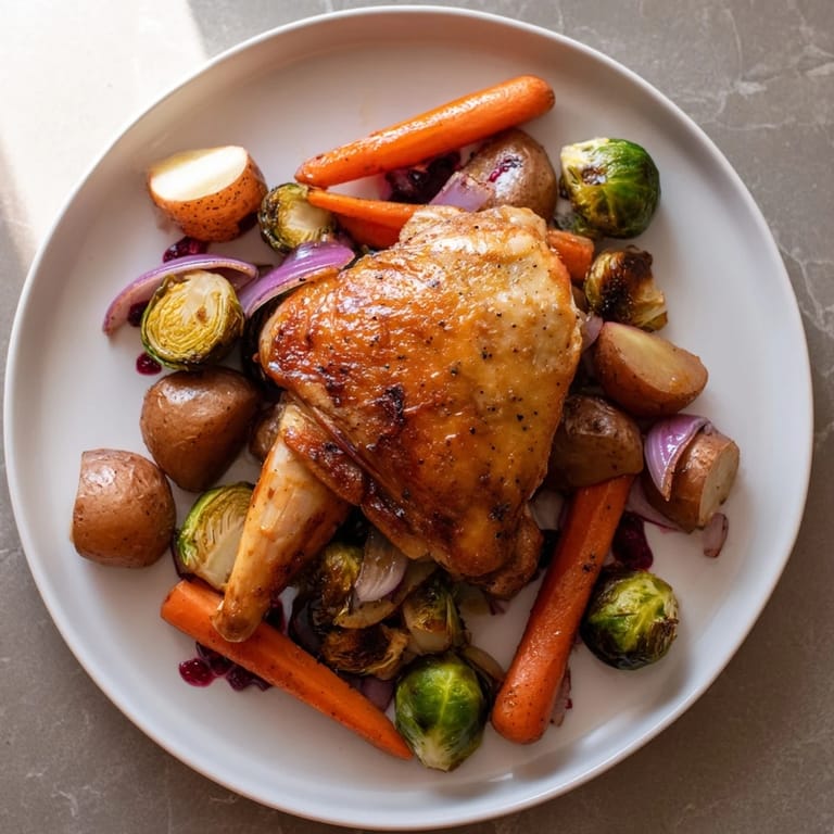 Delicious sheet pan chicken with cranberry vinaigrette, glistening with a vibrant, tangy homemade dressing, ready to enjoy.