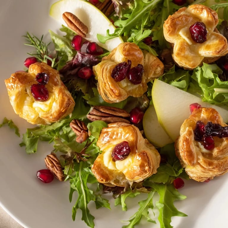 This photo features a beautiful Cranberry and Brie Flower Bites salad with fresh, vibrant greens.
