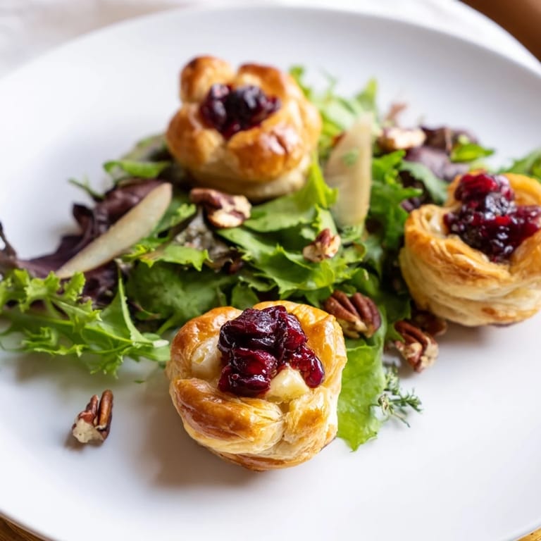Melted cheese and cranberry filling within baked pastry flowers of a Cranberry and Brie appetizer.