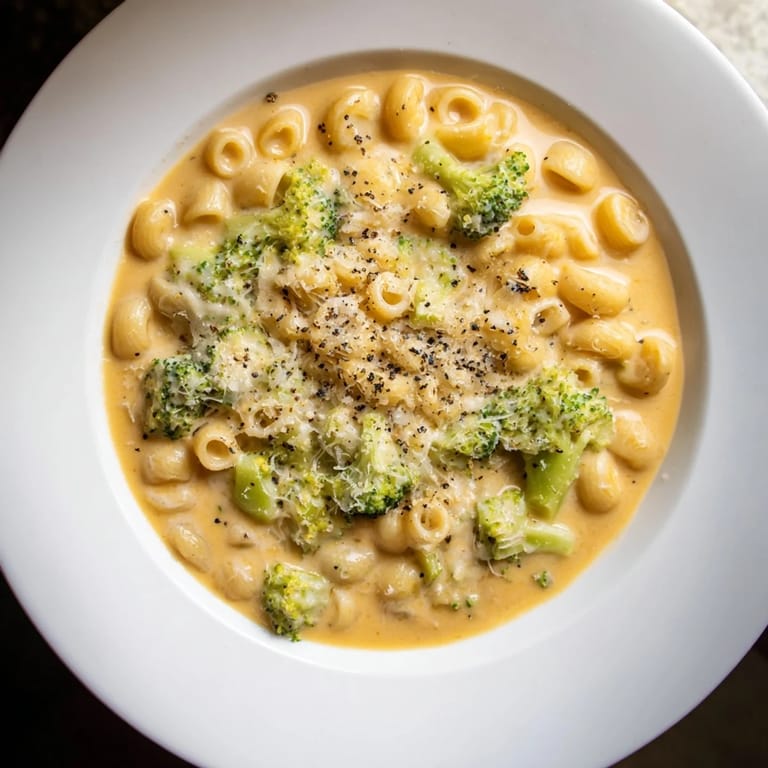 A hearty spoonful of One-Pot Broccoli Cheddar Ditalini Soup, perfect for dipping crusty bread into.
