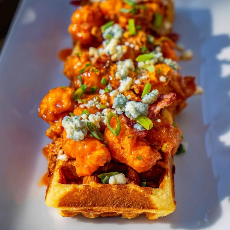Savory Crispy Buffalo Chicken and Bacon Waffle Bites showcasing crispy chicken, bacon crumbles, and blue cheese.