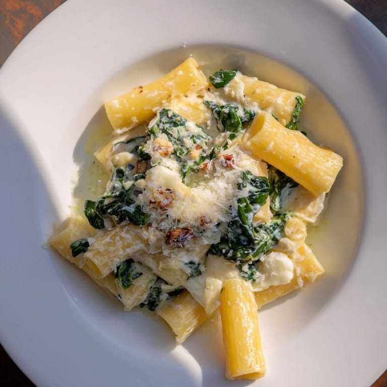 A close-up of baked rigatoni, showing the creamy whipped ricotta and spinach layered into this comforting pasta.
