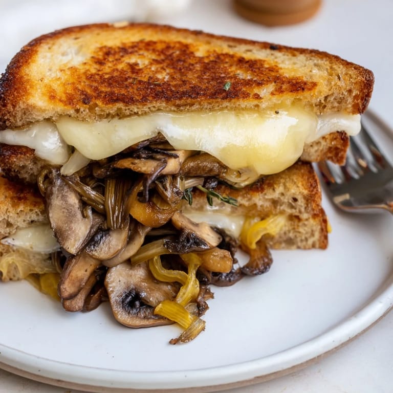 Perfectly grilled Roast Garlic Mushroom & Thyme Grilled Cheese, ready to be sliced and devoured, smells delicious.