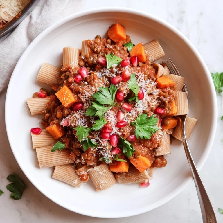 Warm, hearty High-Fiber Lentil Bolognese with visible lentils and vegetables over pasta, a cozy holiday meal.