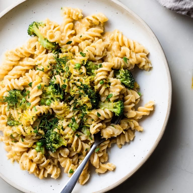 Bright green Green Goddess Broccoli Cheddar One-Pot Pasta, a comforting one-pot dinner, ready to serve.