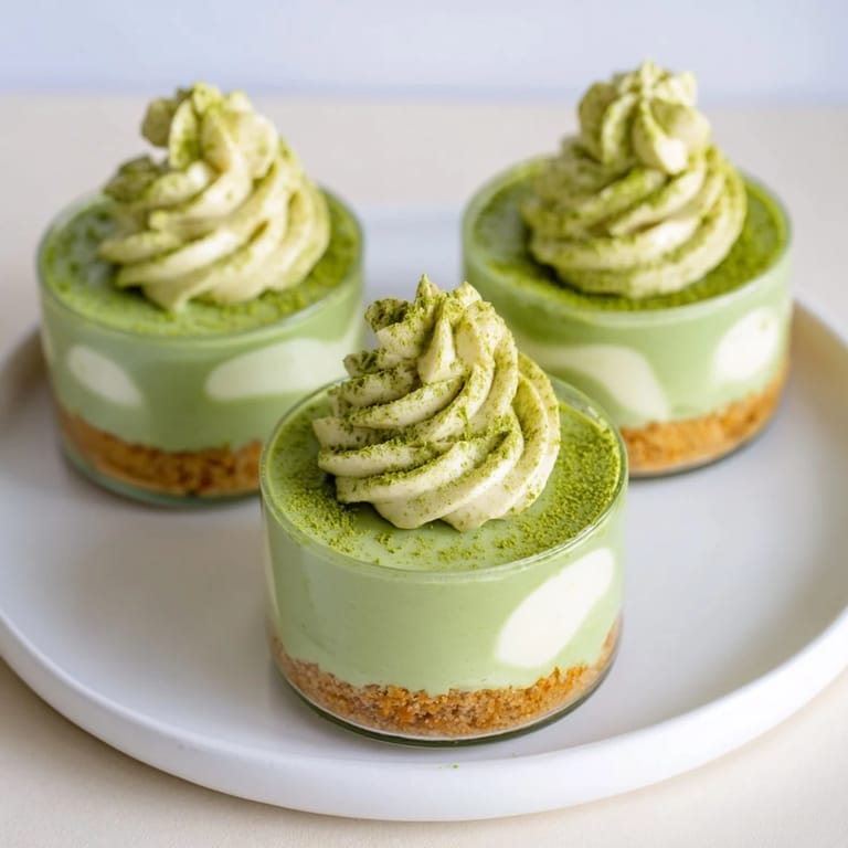These no-bake Matcha Swirl Snowdrift Cheesecake Cups show a beautiful, layered dessert with a lovely green hue.