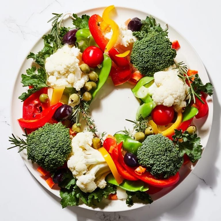 Freshly made Garland Veggie Wreath, featuring broccoli, tomatoes, and bell peppers in a stunning display with dip.