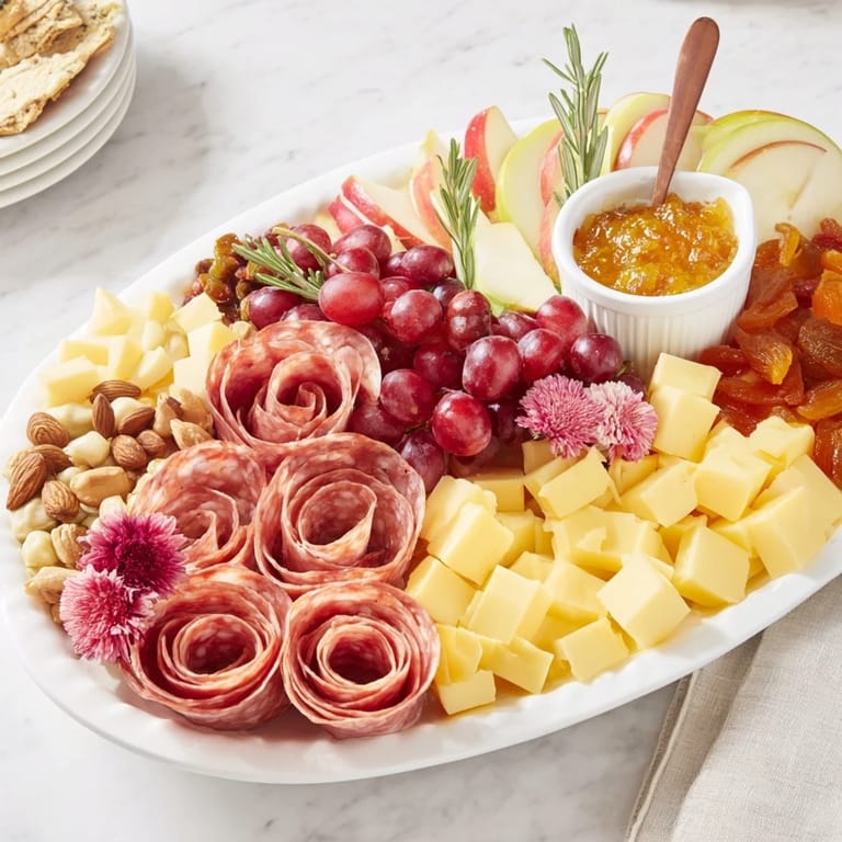 Imagine a beautifully presented Holiday Bow Appetizer Platter, ready to serve with crackers, nuts, and jam.