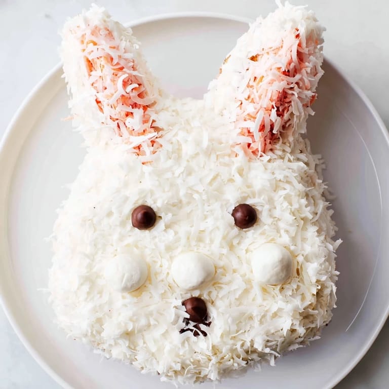 Deliciously moist Spring Bunny Carrot Cake, frosted with cream cheese, adorned to form a bunny.