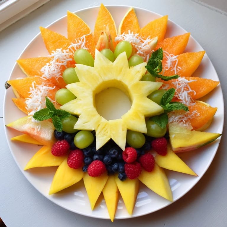 Freshly arranged Summer Rays Sun-Shaped Fruit Tray with sweet grapes and berries, perfect summer appetizer.