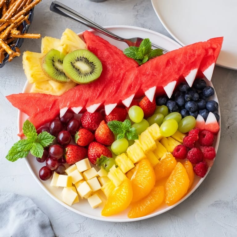 This refreshing Watermelon Wave Shark Snack Board features a watermelon shark surrounded by colorful summer treats.