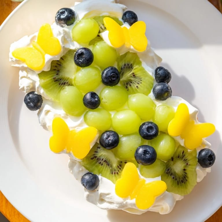 A beautiful Butterfly Fruit and Cream Cheese Board features colorful fruits arranged with creamy cheese, ready to eat.