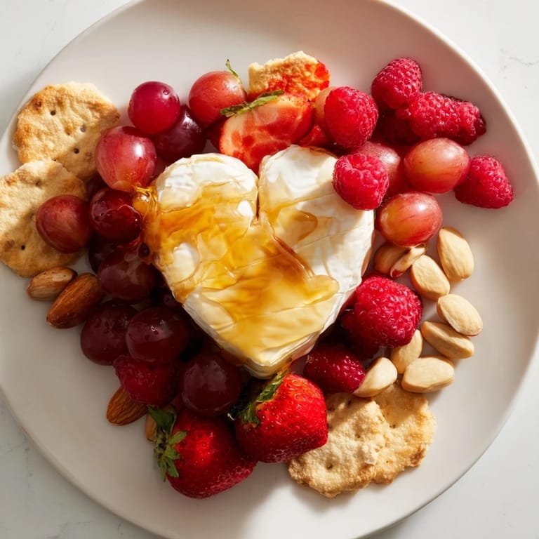 A delicious Sweetheart Brie and Jam Board: creamy Brie, sweet jam, and colorful berries.