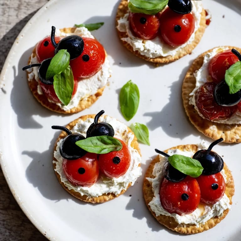 Vibrant red cherry tomatoes forming the bodies of the cute Ladybug Tomato & Olive Bites, perfect for kids.