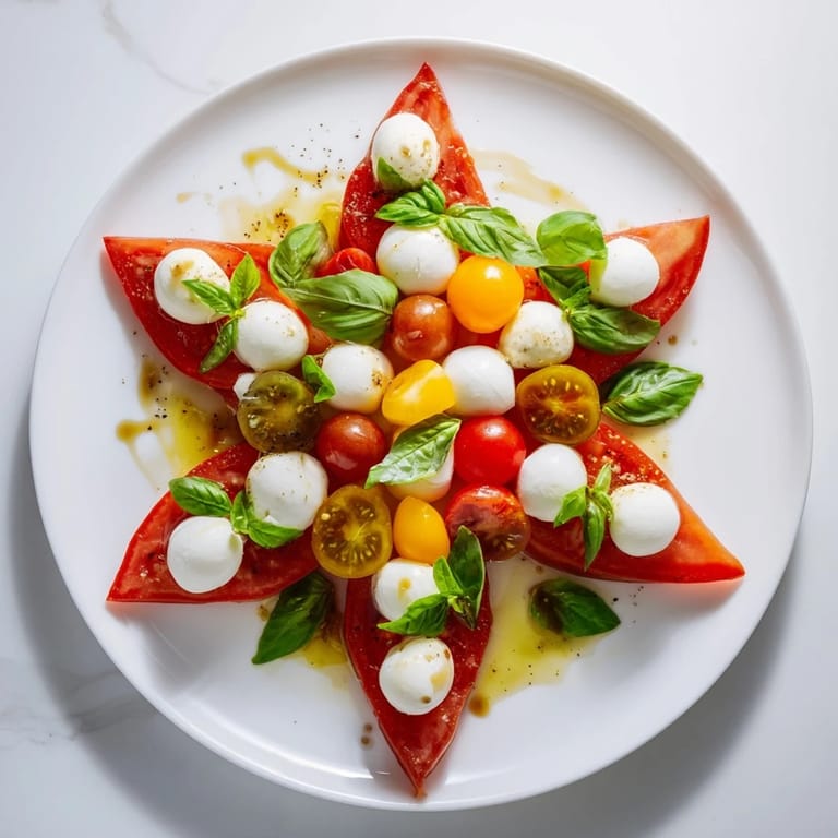 A glistening drizzle of olive oil enhances this refreshing, Italian-inspired Starfish Caprese salad appetizer's flavors.