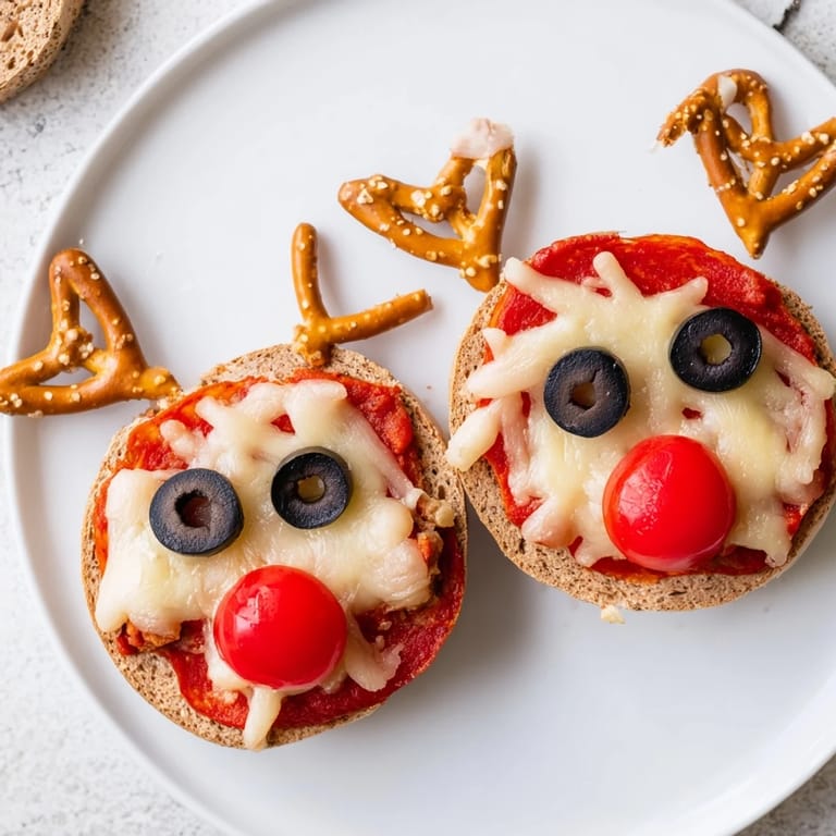 Adorable Reindeer Face Pizza Bagels, featuring black olive eyes and ready for a festive, kid-friendly lunch.