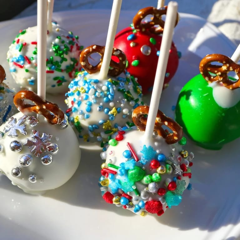 A close-up of beautifully decorated ornament ball cake pops, resembling tiny shimmering baubles.